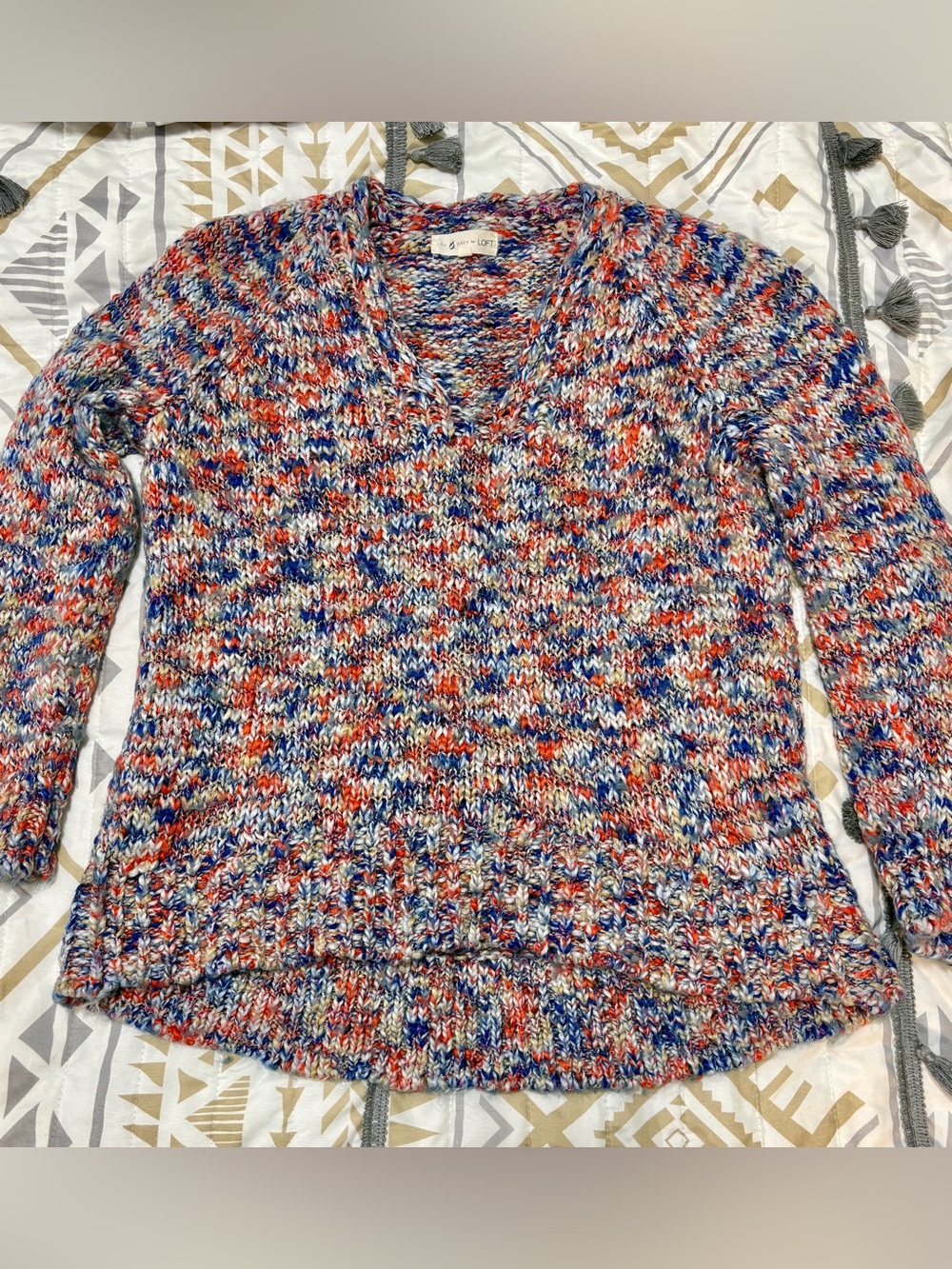 LOFT Multicolor Marled V-Neck Sweater - Red, Blue, White